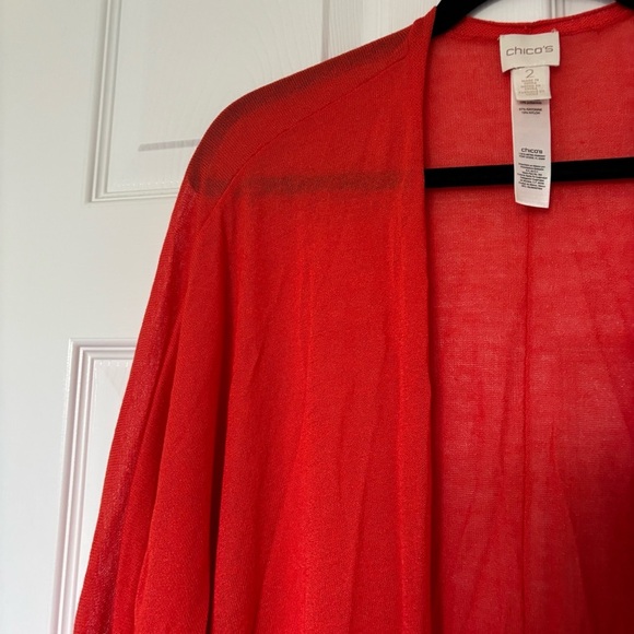 Chico's Sparkly Orange Peach Lightweight Long Cardigan Size 2 - Picture 2 of 7